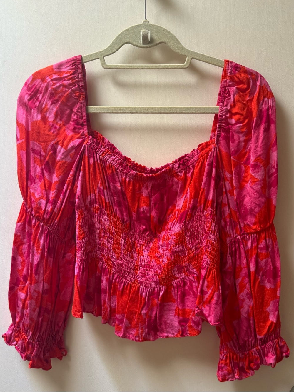 Women’s Olivaceous Pink & Red Floral Smocked Peasant Top